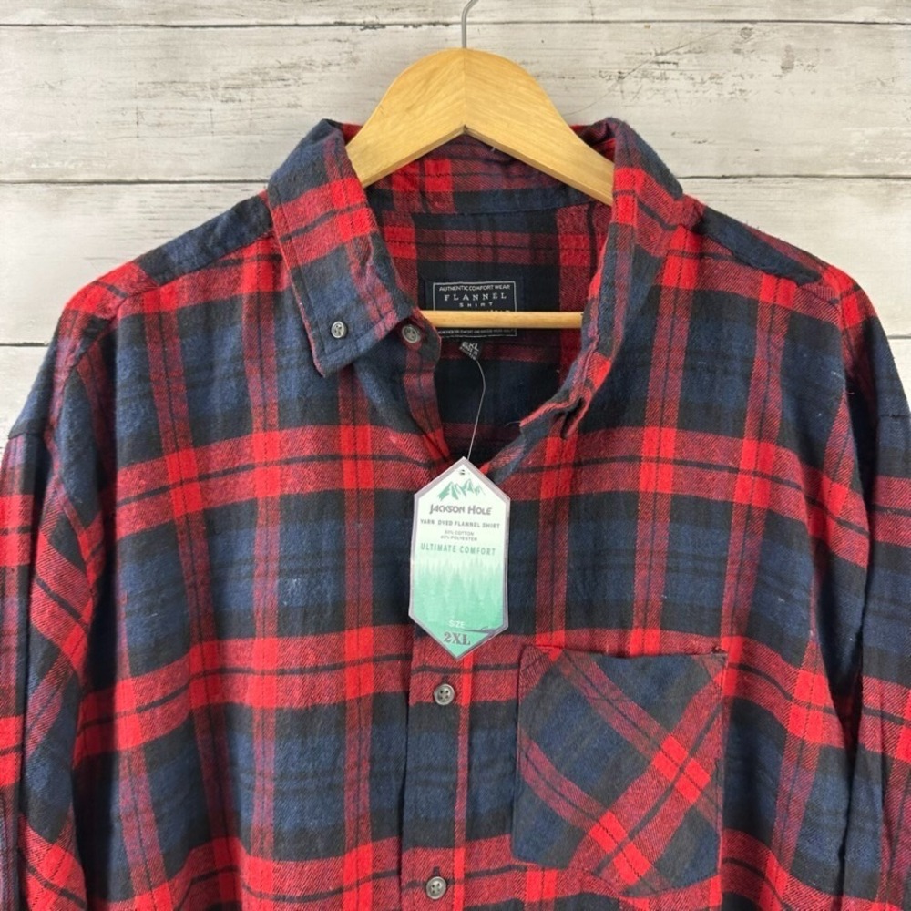 Men's Flannel Shirt Jackson Hole Size 2XL NWT Red Blue Plaid Outdoor Lumberjack - Picture 2 of 10